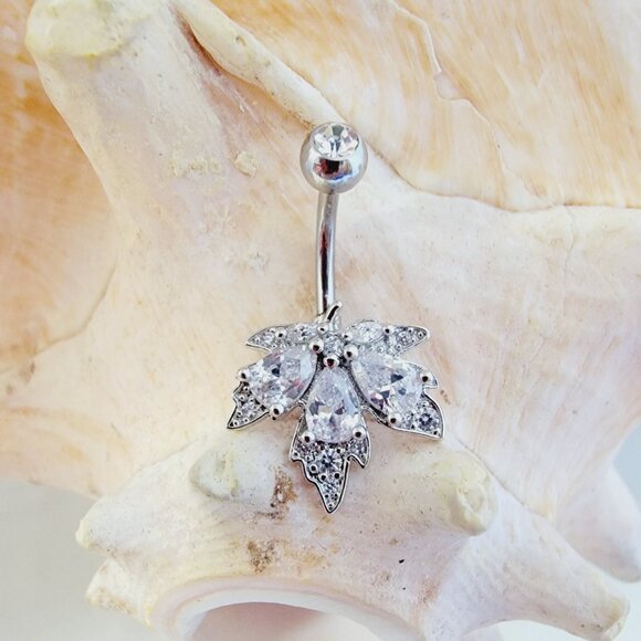 Leaf shaped clear cubic zirconia 14G belly button ring with gem ball - Picture 2 of 6